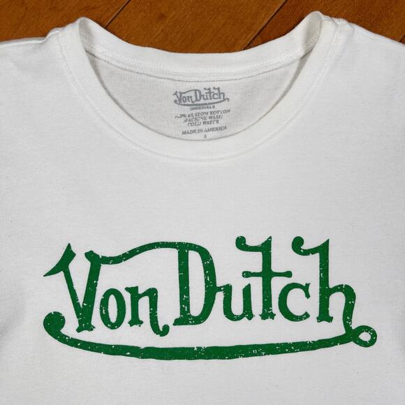 Y2K Von Dutch Logo Graphic Baby Tee White Green Babydoll T Shirt Vintage - Picture 4 of 15